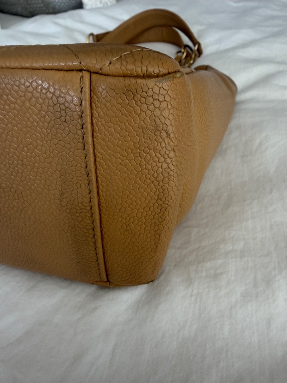 CHANEL Vintage Caviar Quilted Tan Leather Shoulder Tote with Gold Chain Straps - Picture 5 of 16